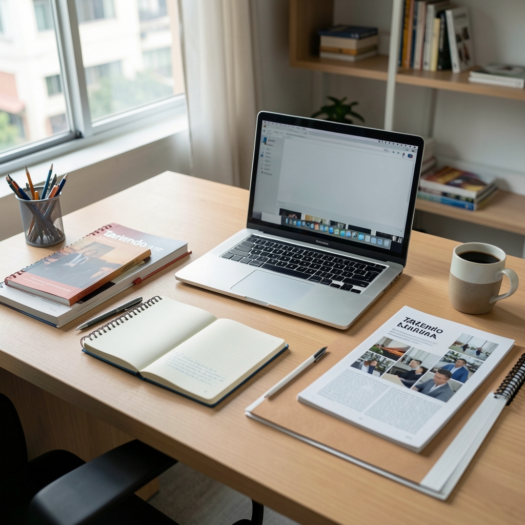 Tarlendo editorial workspace with notebooks, a laptop, and research materials arranged on a clean wooden desk in Jakarta