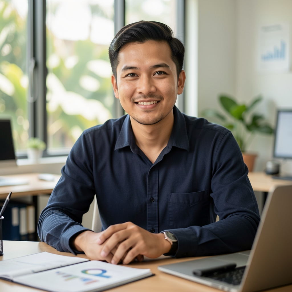 Editorial portrait of a male wellness writer seated at a desk with research materials, photographed in natural light in a Jakarta workspace
