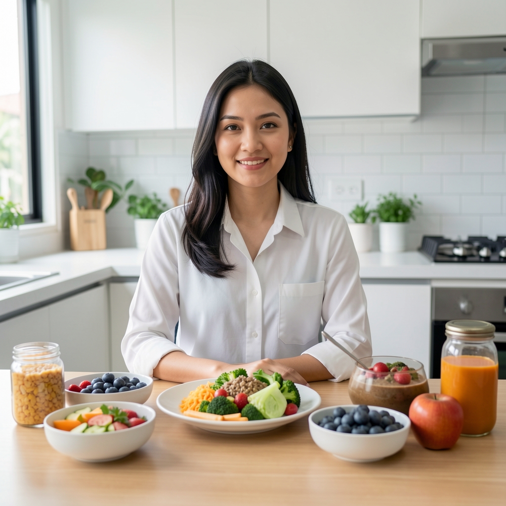 Female nutrition researcher photographed at a desk surrounded by balanced meal preparations and whole food ingredients in a bright Jakarta kitchen