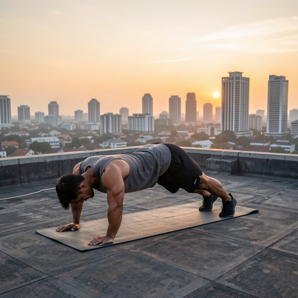 Athletic man performing early morning bodyweight exercises on a Jakarta rooftop at sunrise with city skyline in background