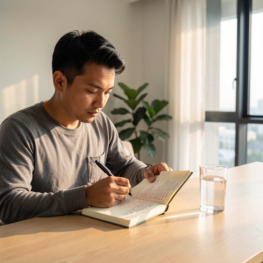 Man reviewing handwritten wellness journal entries beside a glass of water in a modern minimalist Jakarta apartment at morning light