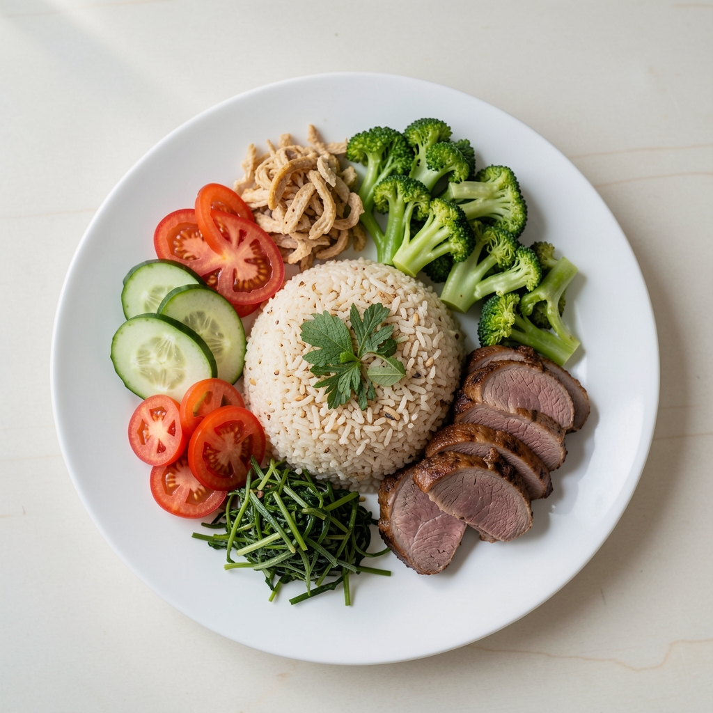 A balanced Indonesian meal with whole grains, fresh vegetables, lean protein, and local herbs arranged neatly on a white plate, photographed from above in natural light