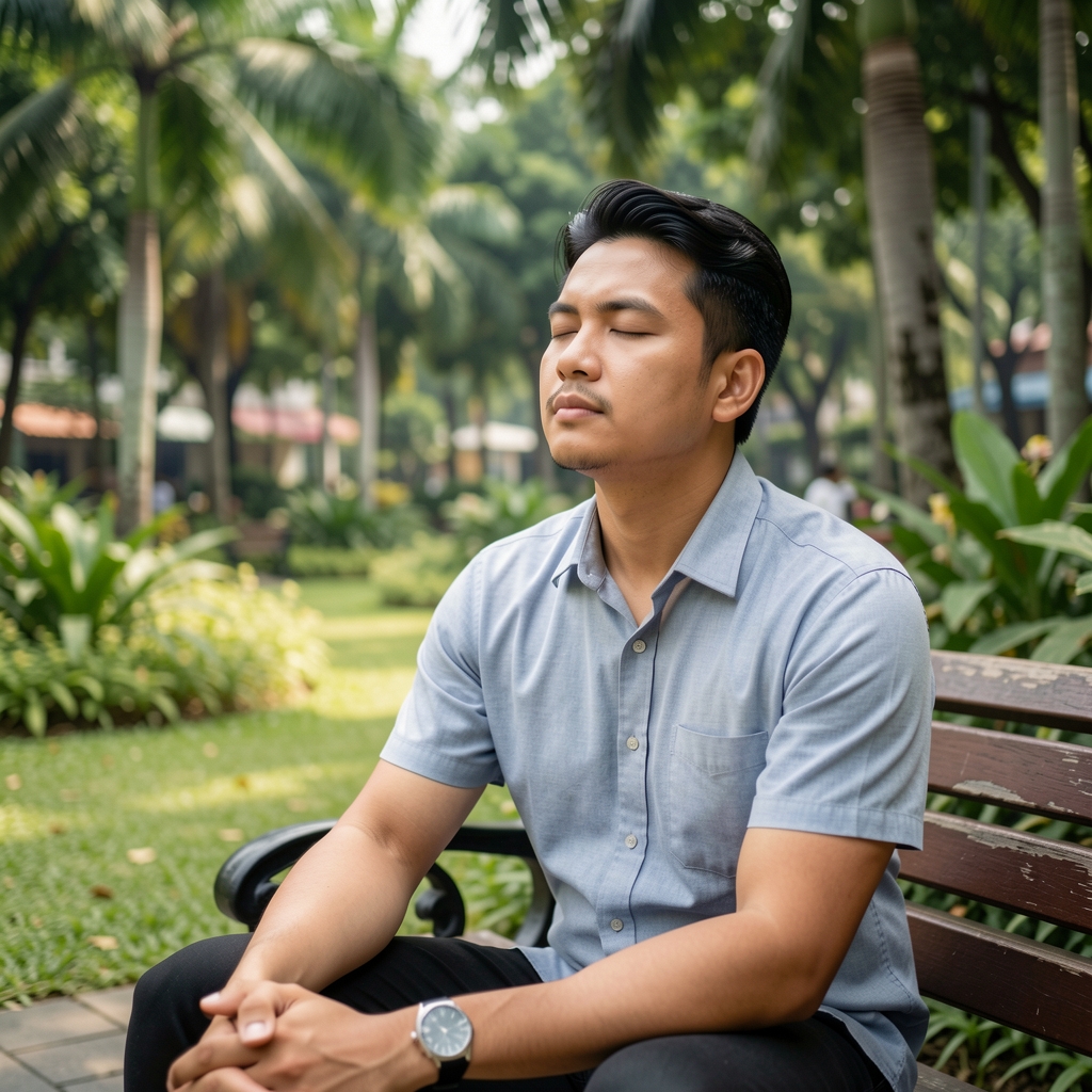 Man sitting in a calm outdoor space in a Jakarta park, eyes closed in quiet reflection, surrounded by greenery with soft diffused midday light