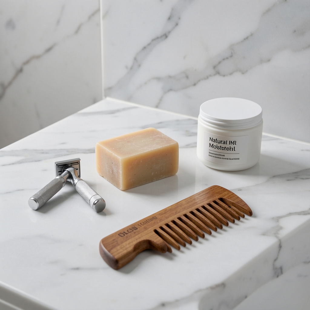 Minimalist male grooming setup with a safety razor, natural soap bar, moisturiser, and wooden comb arranged on a marble bathroom surface, clean and organised aesthetic